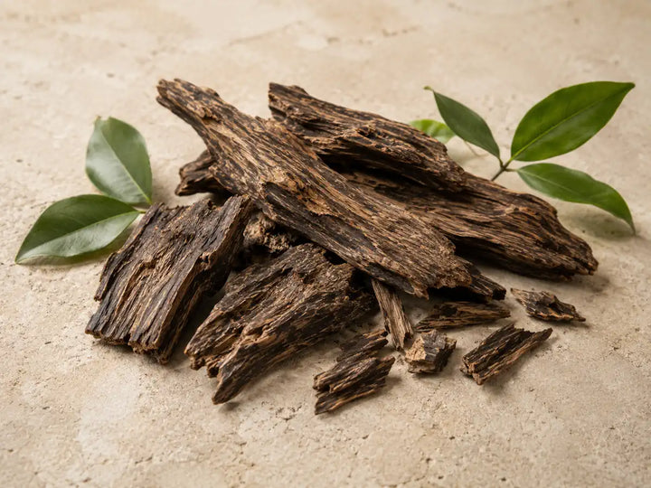 Dark agarwood chips with natural resinous streaks