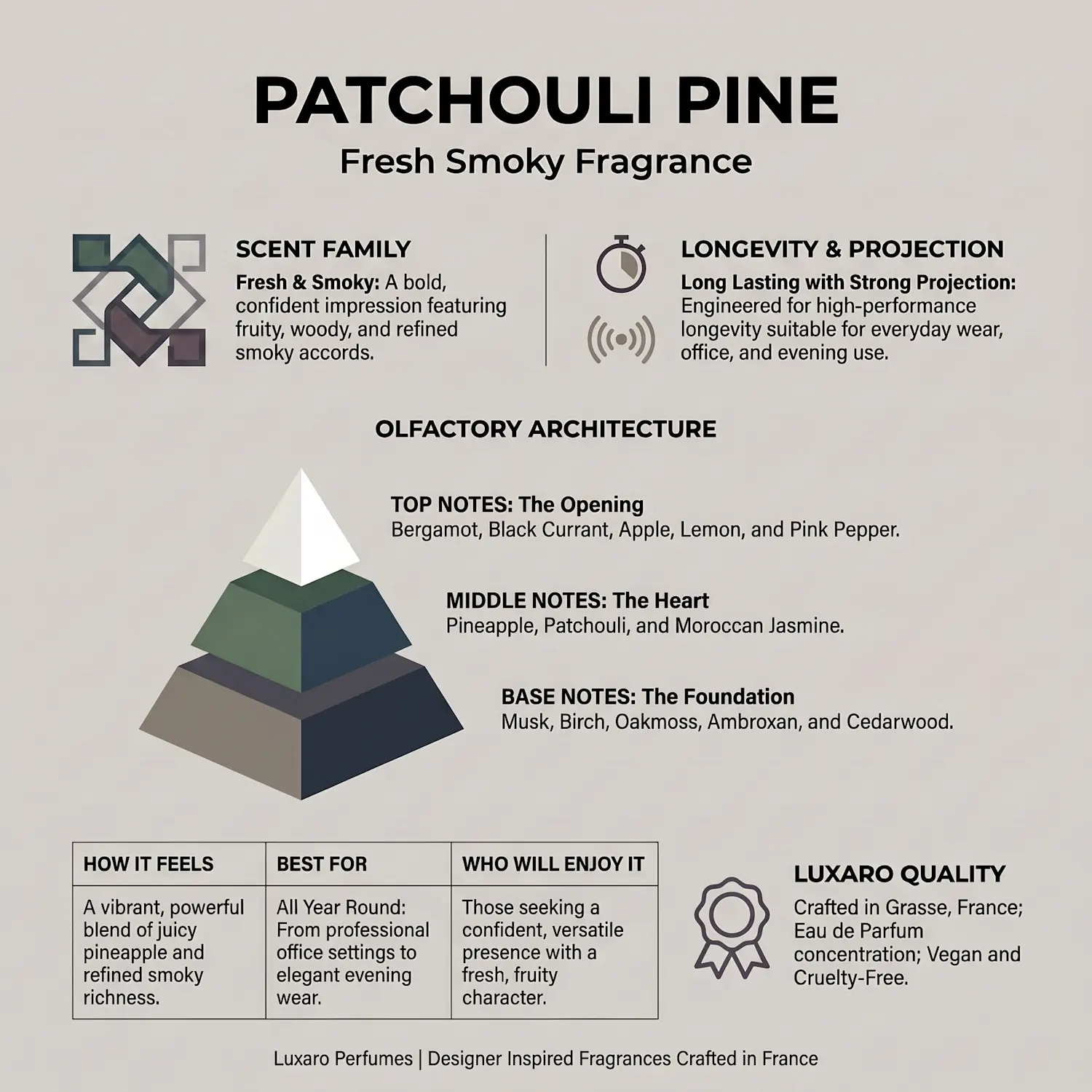 Patchouli Pine is a Creed Aventus dupe perfume by Luxaro, made in France fragrance infographic showing scent profile, key notes, performance and fragrance family