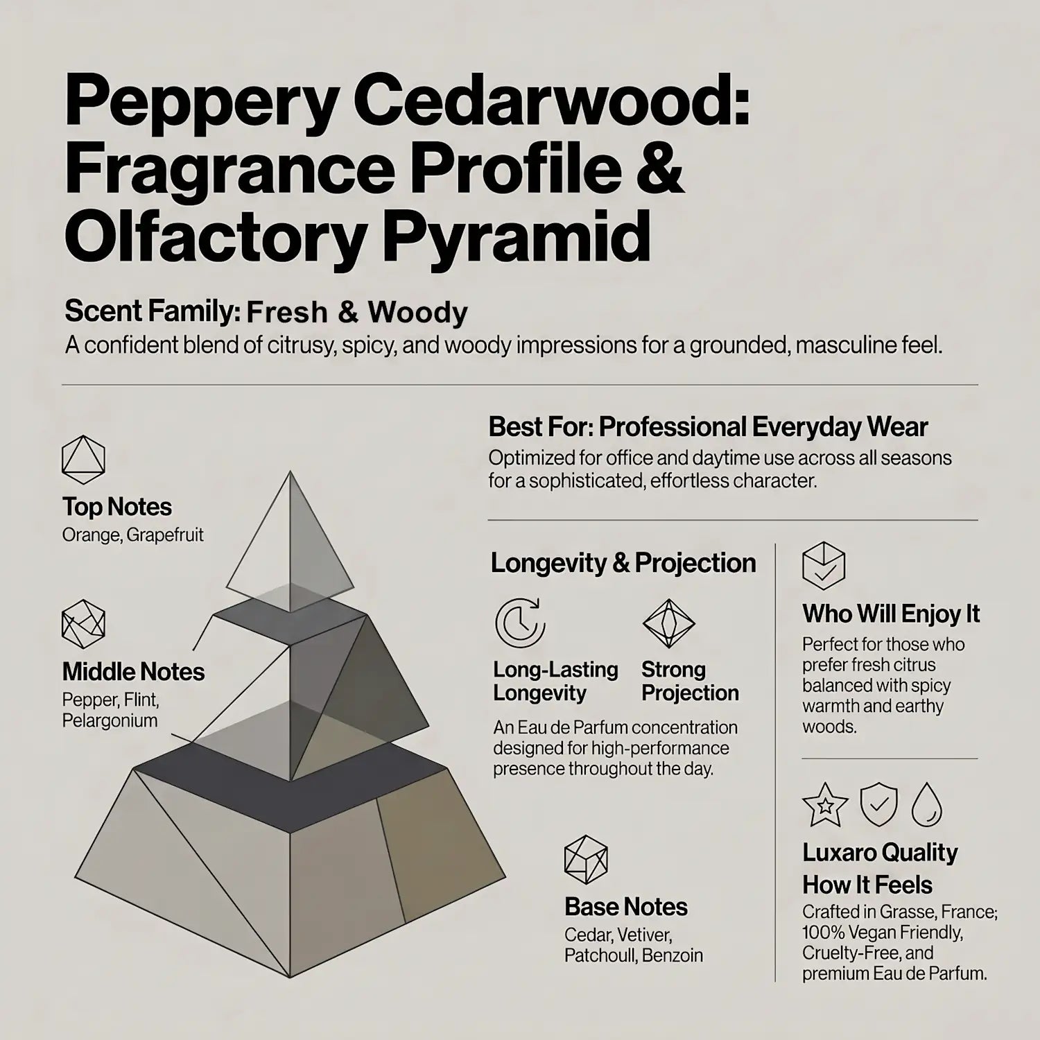 Peppery Cedarwood is a Terre d’Hermès dupe perfume by Luxaro, made in France fragrance infographic showing scent profile, key notes, performance and fragrance family