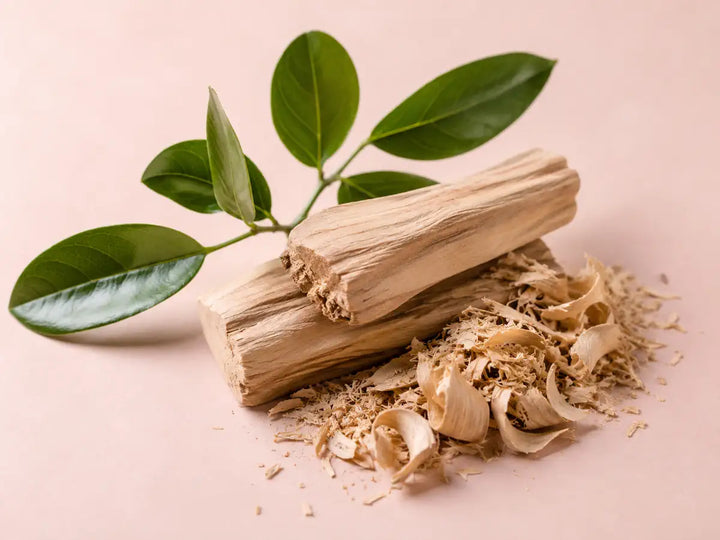 Pale sandalwood pieces with smooth wood shavings and green leaves