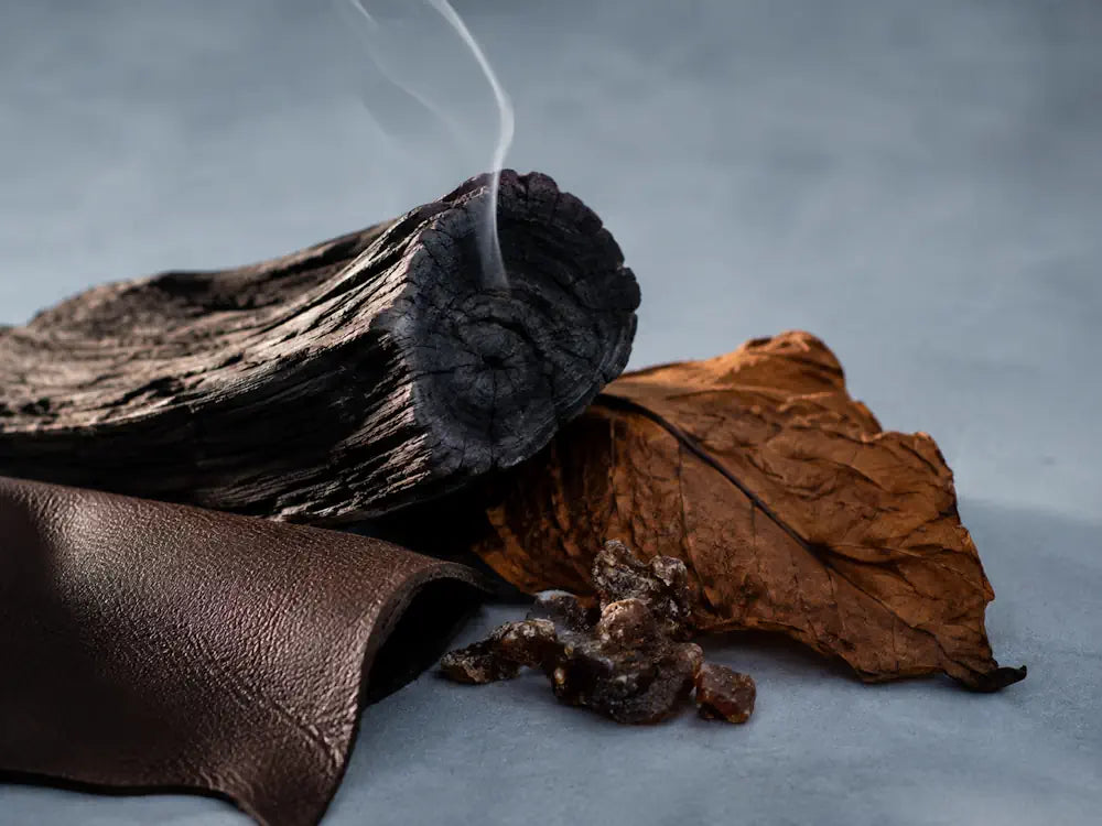 Charred wood, tobacco leaf, leather, styrax resin and smoke representing a smoky accord in perfume
