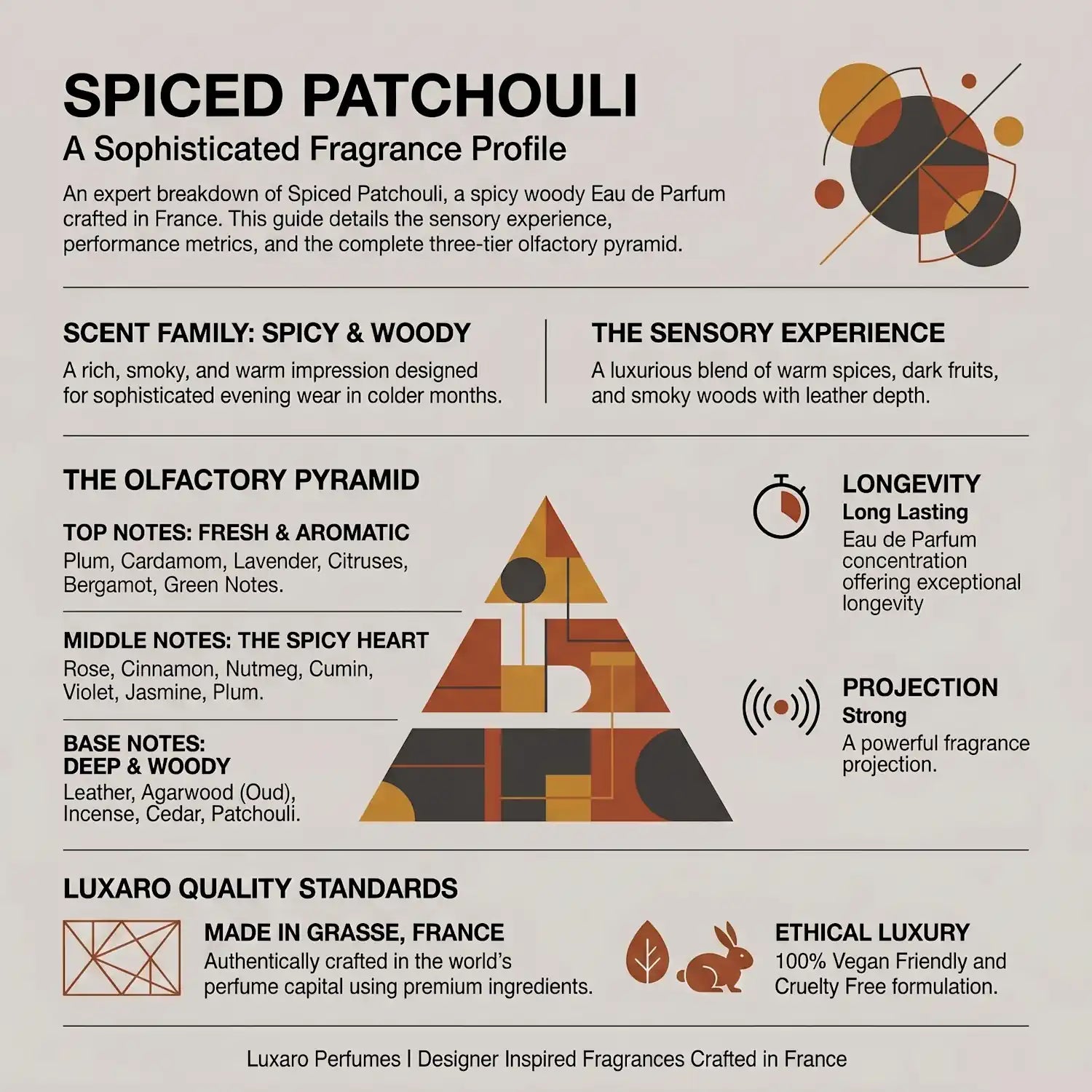 Spiced Patchouli is a Halfeti Leather dupe perfume by Luxaro, made in France fragrance infographic showing scent profile, key notes, performance and fragrance family