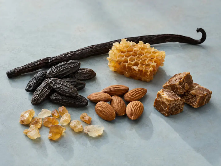 Vanilla, tonka, honeycomb, almonds, praline and benzoin representing a sweet accord in perfume
