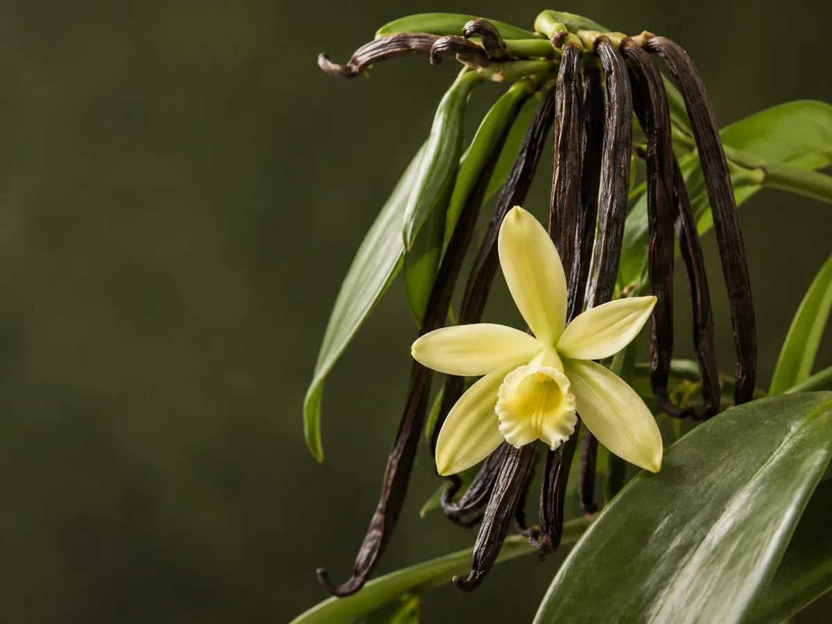 Natural vanilla pods with a vanilla orchid flower and green leaves