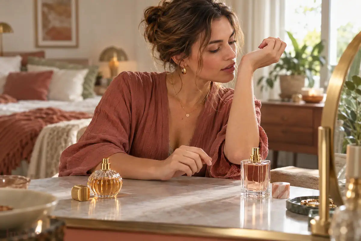 Woman comparing two unbranded fragrances on her wrist for a Luxaro perfumes guide to convincing perfume dupes.