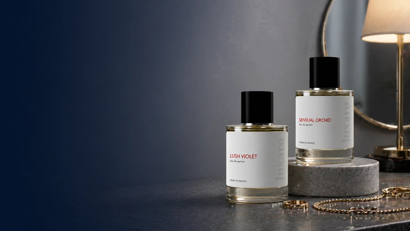 Luxury perfume bottles on a stone surface with one elevated on a marble pedestal, set against a deep blue gradient background