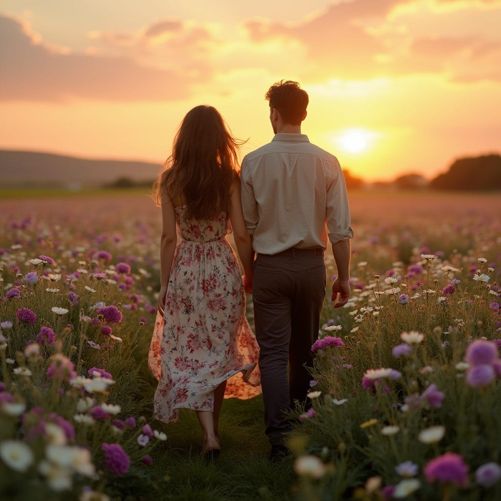 Couple walking hand in hand through a field of flowers at sunset.