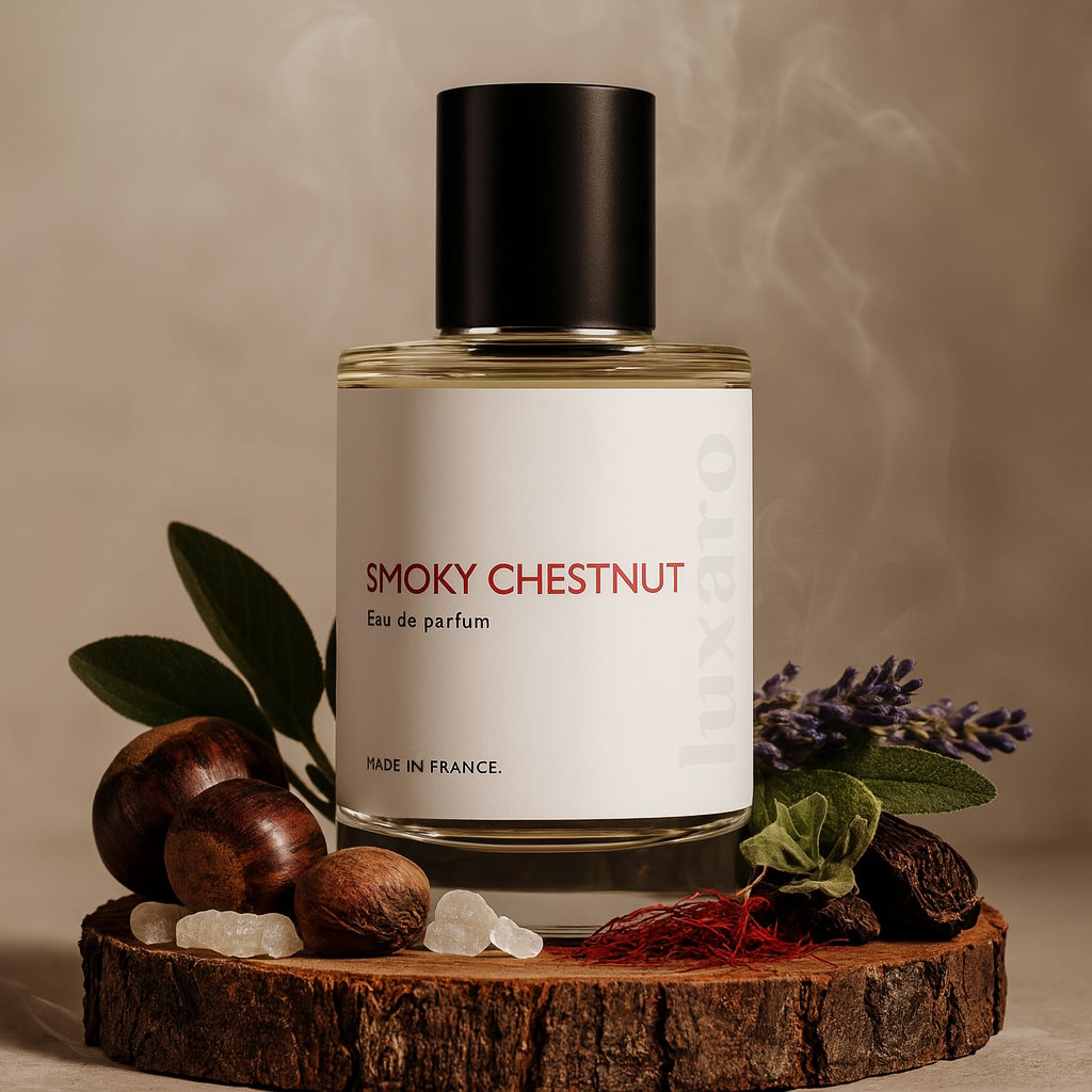 Luxaro Smoky Chestnut perfume featuring chestnut, sage, and lavender, inspired by Armani's Stronger With You dupe - affordable alternative made in France