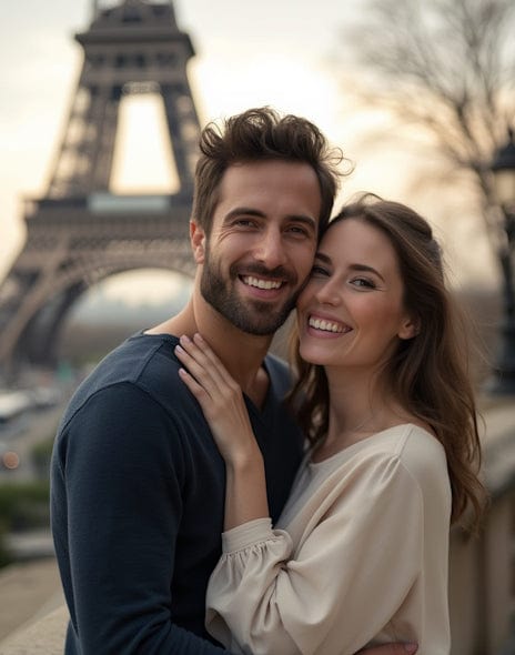 Luxaro models, couple smiling in front of the Eiffel Tower
