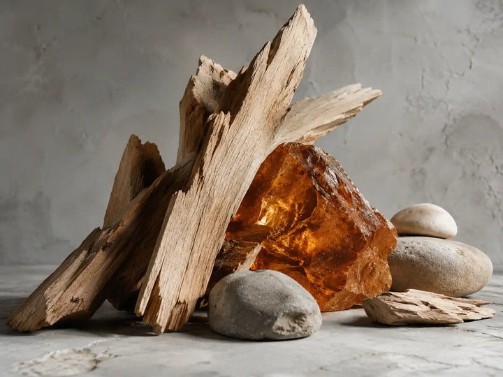 Wood fragments, mineral stones and amber-toned materials representing the dry woody character of Amberwood