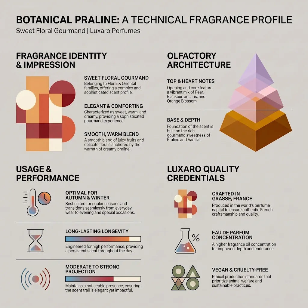 Botanical Praline La Vie Est Belle dupe perfume by Luxaro, made in France fragrance infographic showing scent profile, key notes, performance and fragrance family
