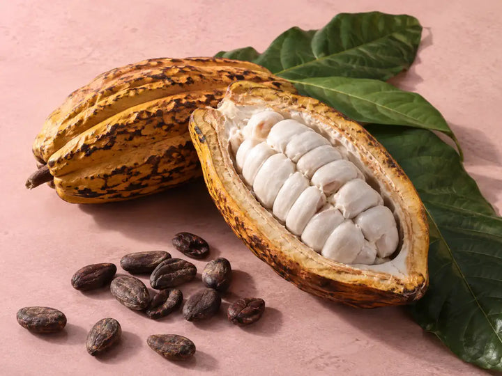 Open cacao pod with fresh cacao beans, dried cocoa beans and green leaves on a dusty rose background