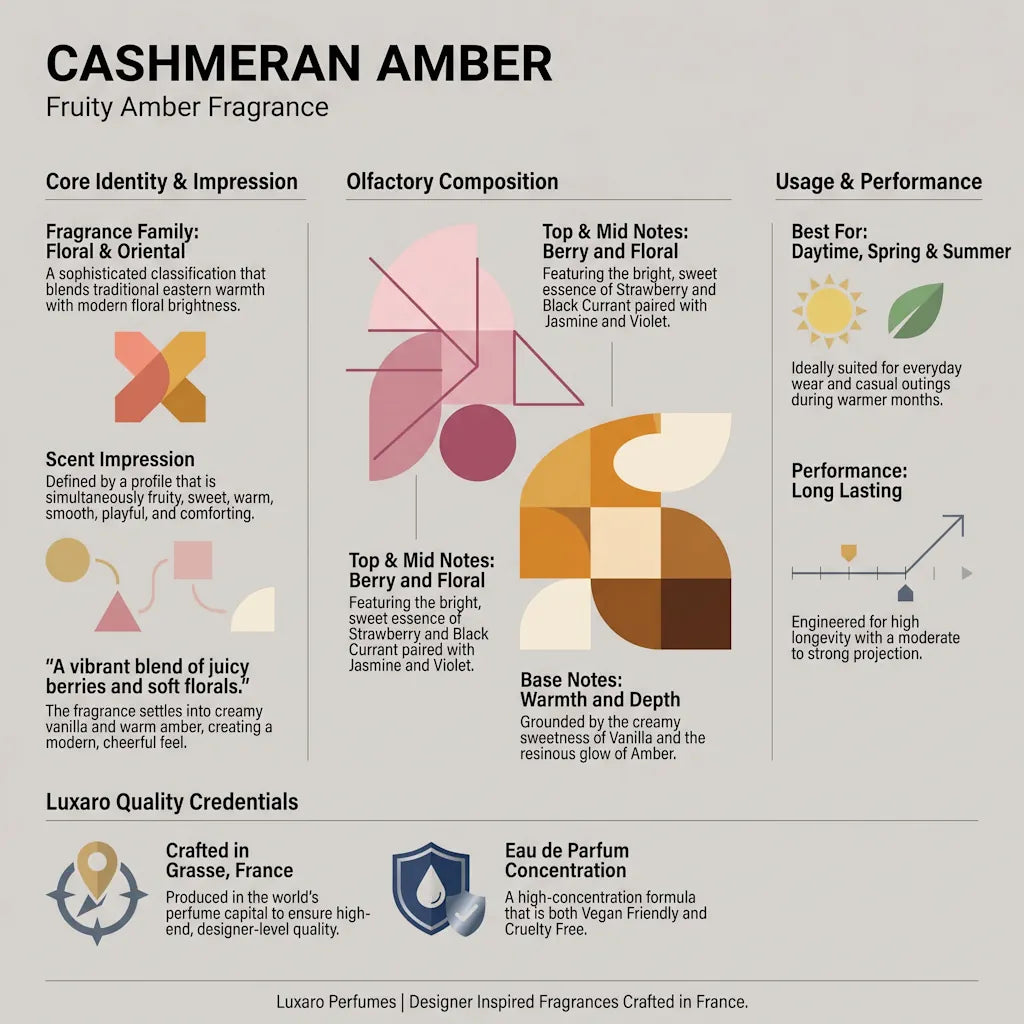 Cashmeran Amber Burberry Her dupe perfume by Luxaro, made in France fragrance infographic showing scent profile, key notes, performance and fragrance family