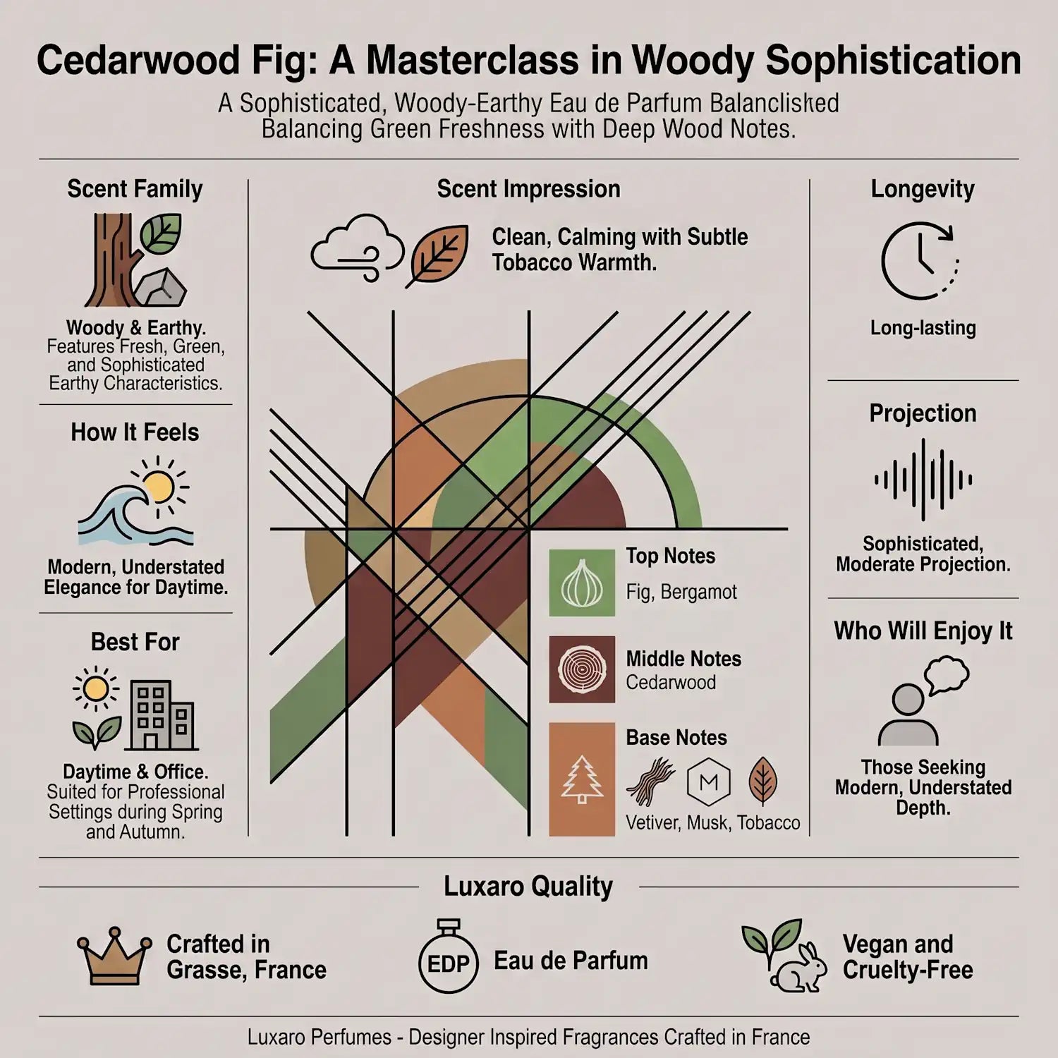Cedarwood Fig The Noir 29 dupe perfume by Luxaro, made in France fragrance infographic showing scent profile, key notes, performance and fragrance family