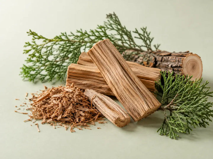 Cedarwood pieces with wood shavings and fresh cedar foliage