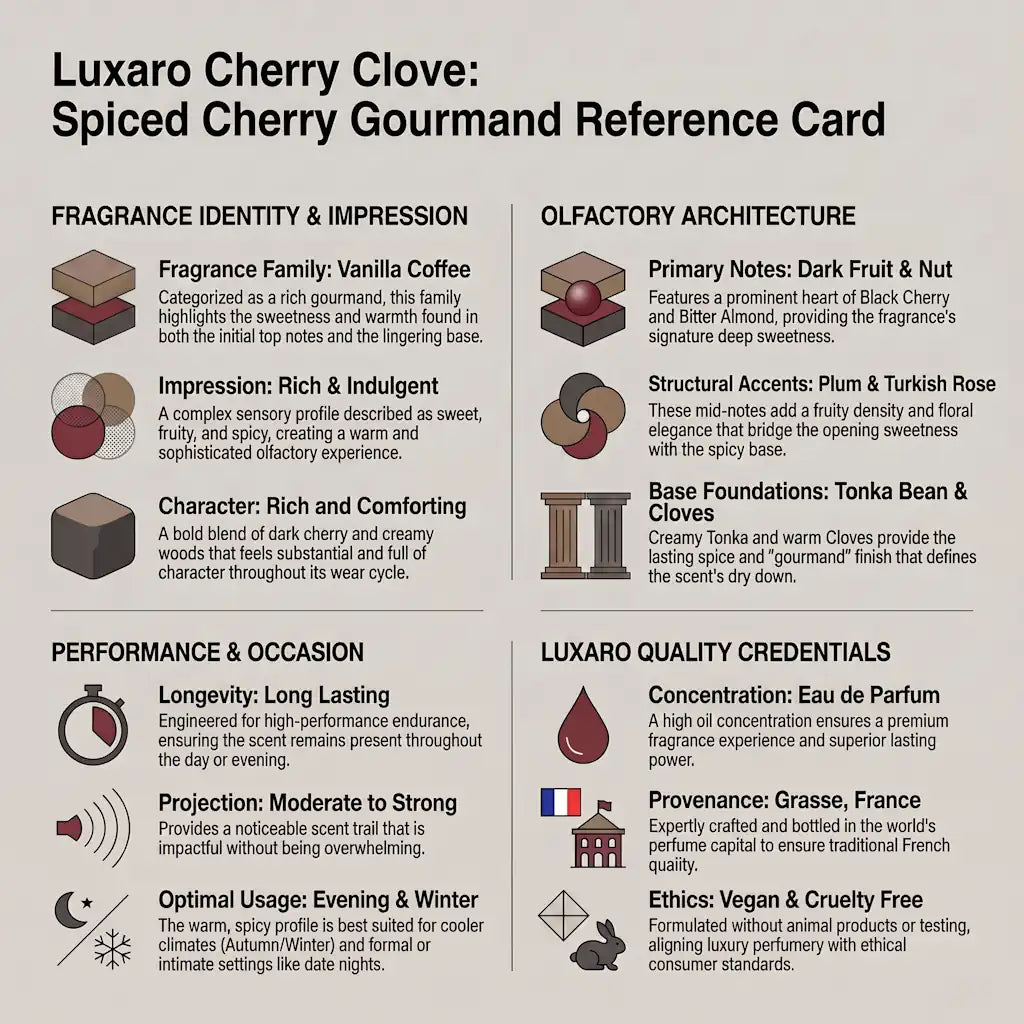 Cherry Clove Lost Cherry dupe perfume by Luxaro, made in France fragrance infographic showing scent profile, key notes, performance and fragrance family
