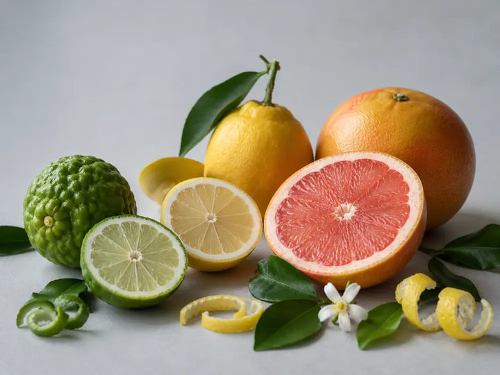 Bergamot, lemon and grapefruit with citrus peel, leaves and a white blossom representing a citrus accord in perfume