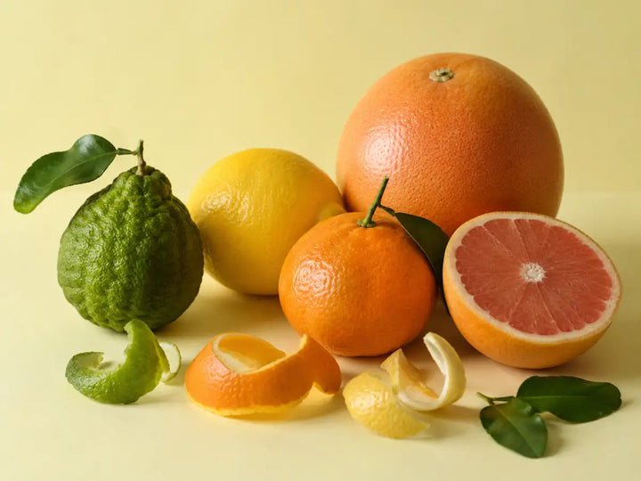 Bergamot, lemon, grapefruit and mandarin with citrus peel on a pale citron yellow background