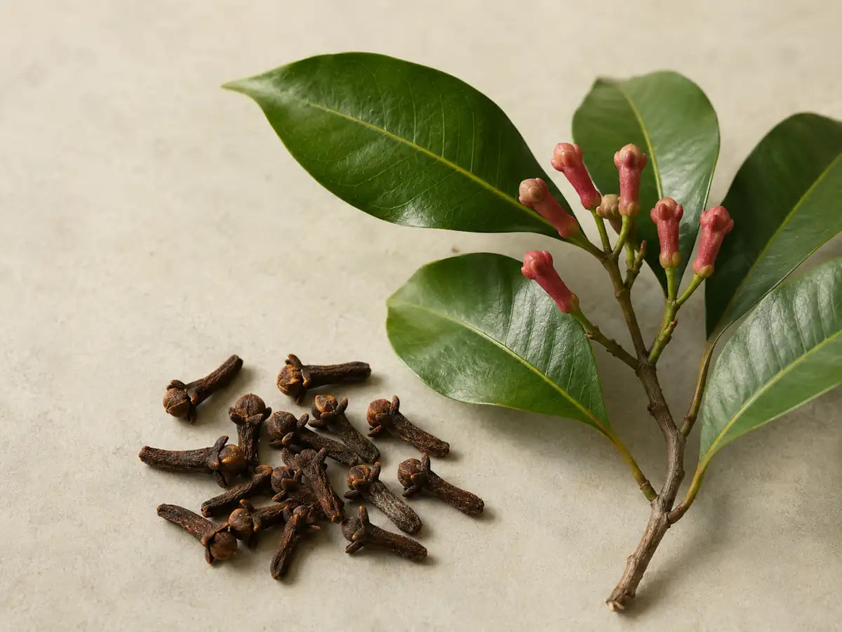Dried clove buds beside glossy green leaves and unopened clove flower buds on a pale yellow-grey background