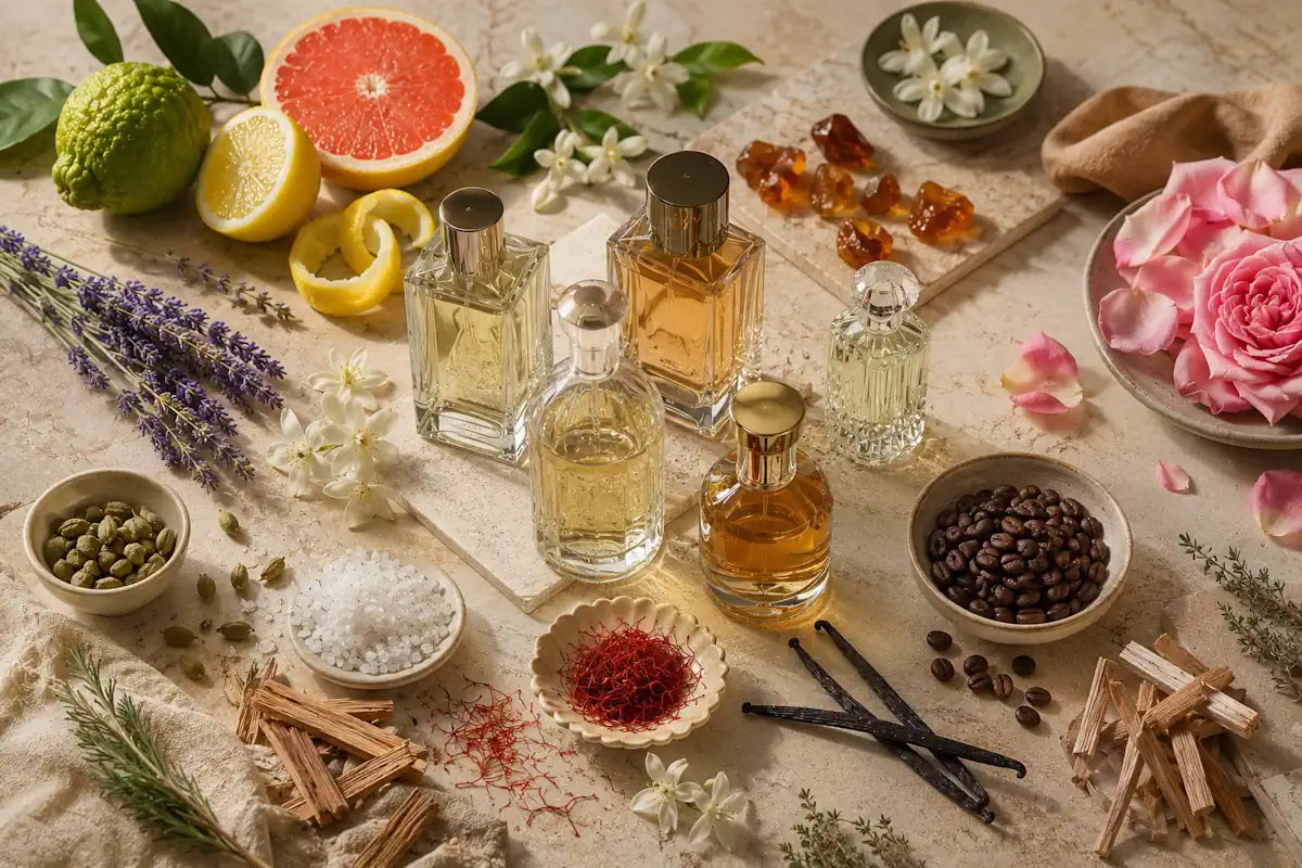 Designer inspired perfumes grouped by fragrance families including floral, woody, fresh, gourmand, amber and spicy scents.