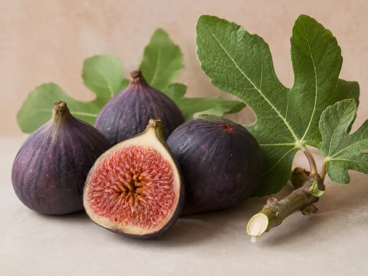 Ripe purple figs, green leaves and a cut stem on a pale apricot-grey background