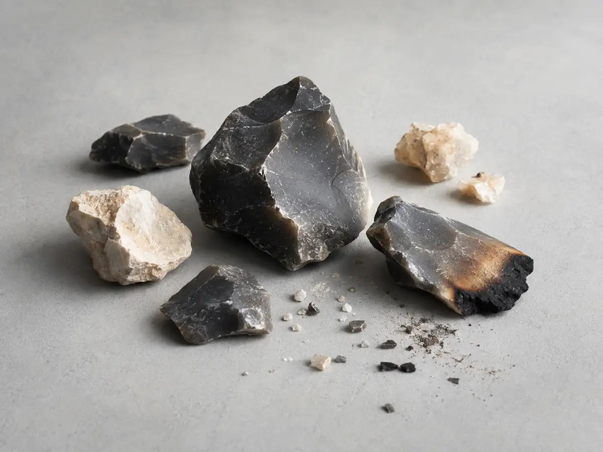 Flint stones and mineral fragments representing a dry smoky flint perfume accord
