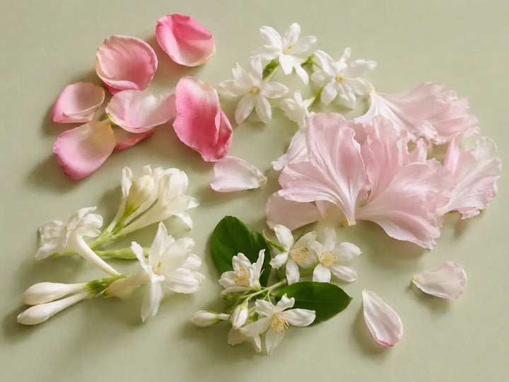 Rose, jasmine, peony, tuberose and orange blossom representing a floral accord in perfume