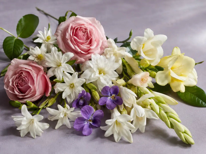 Rose, jasmine, freesia, violet and tuberose flowers on a pale lilac grey background