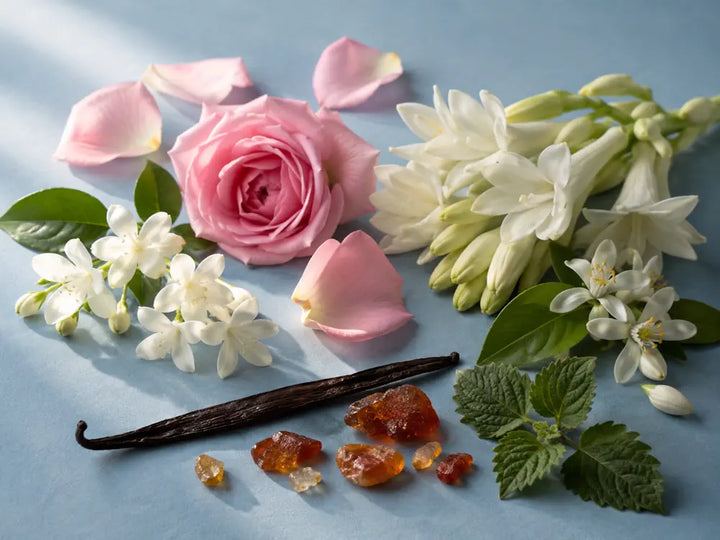 Jasmine, rose, tuberose, orange blossom, vanilla and warm resins representing the Floral & Warm fragrance family