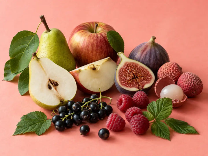 Pear, apple, fig, blackcurrants, raspberries and lychee on a pale coral pink background