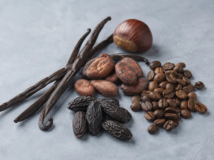 Vanilla, cacao, coffee, tonka beans and chestnut representing a gourmand accord in perfume