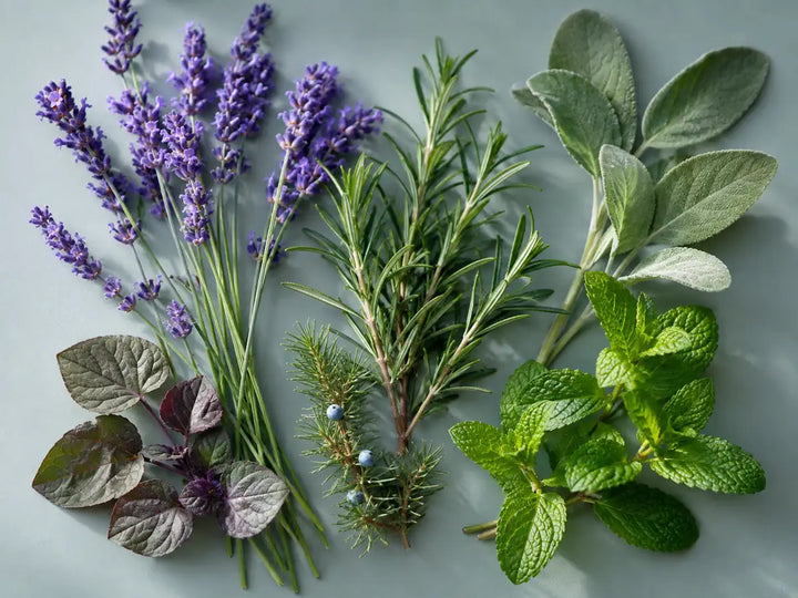 Lavender, rosemary, sage, mint, juniper and violet leaves on a pale sage blue background