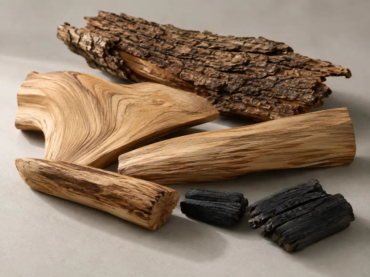 Guaiac wood, bark and lightly charred fragments on a pale warm grey background