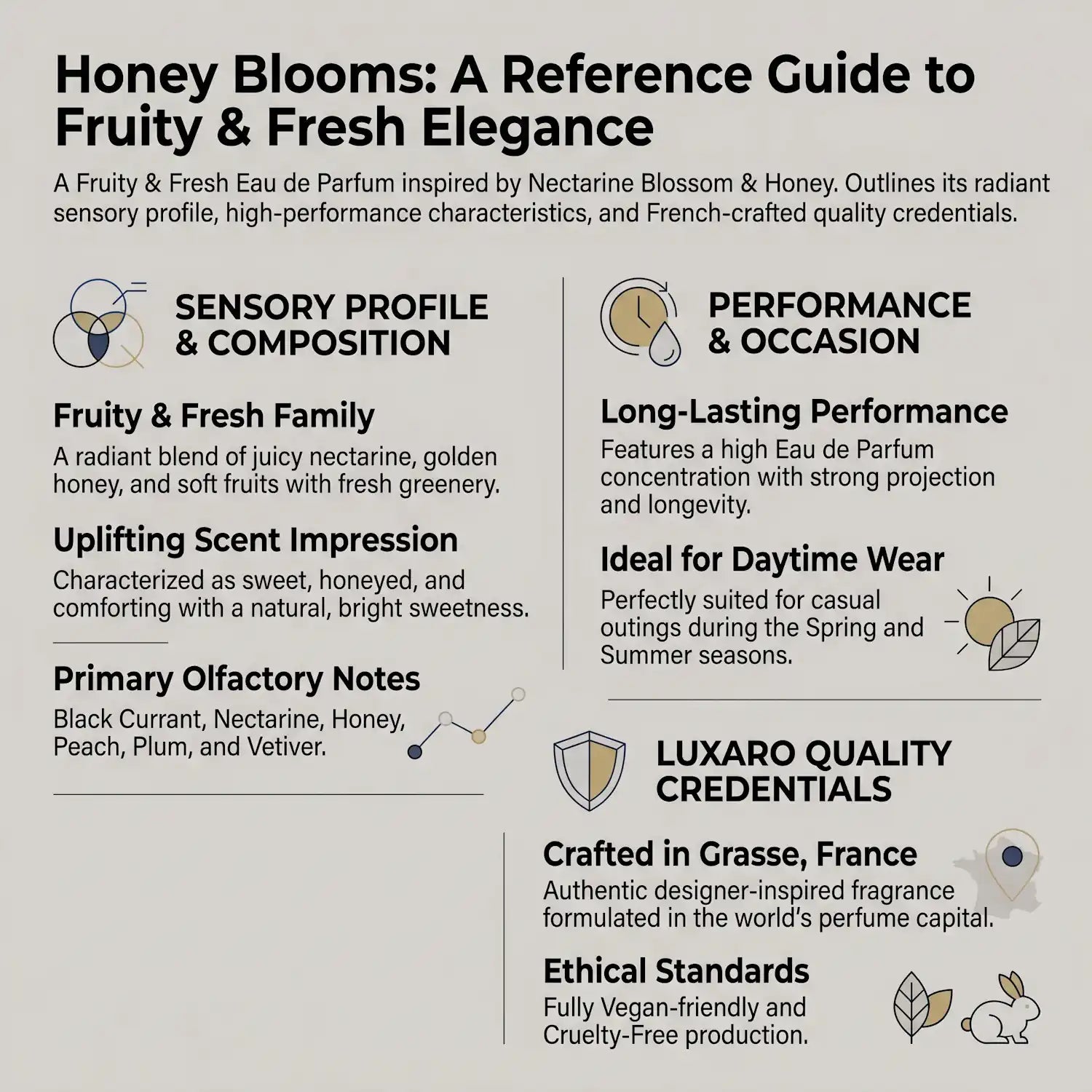 Honey Blooms is a Jo Malone Nectarine Blossom & Honey dupe perfume by Luxaro, made in France fragrance infographic showing scent profile, key notes, performance and fragrance family