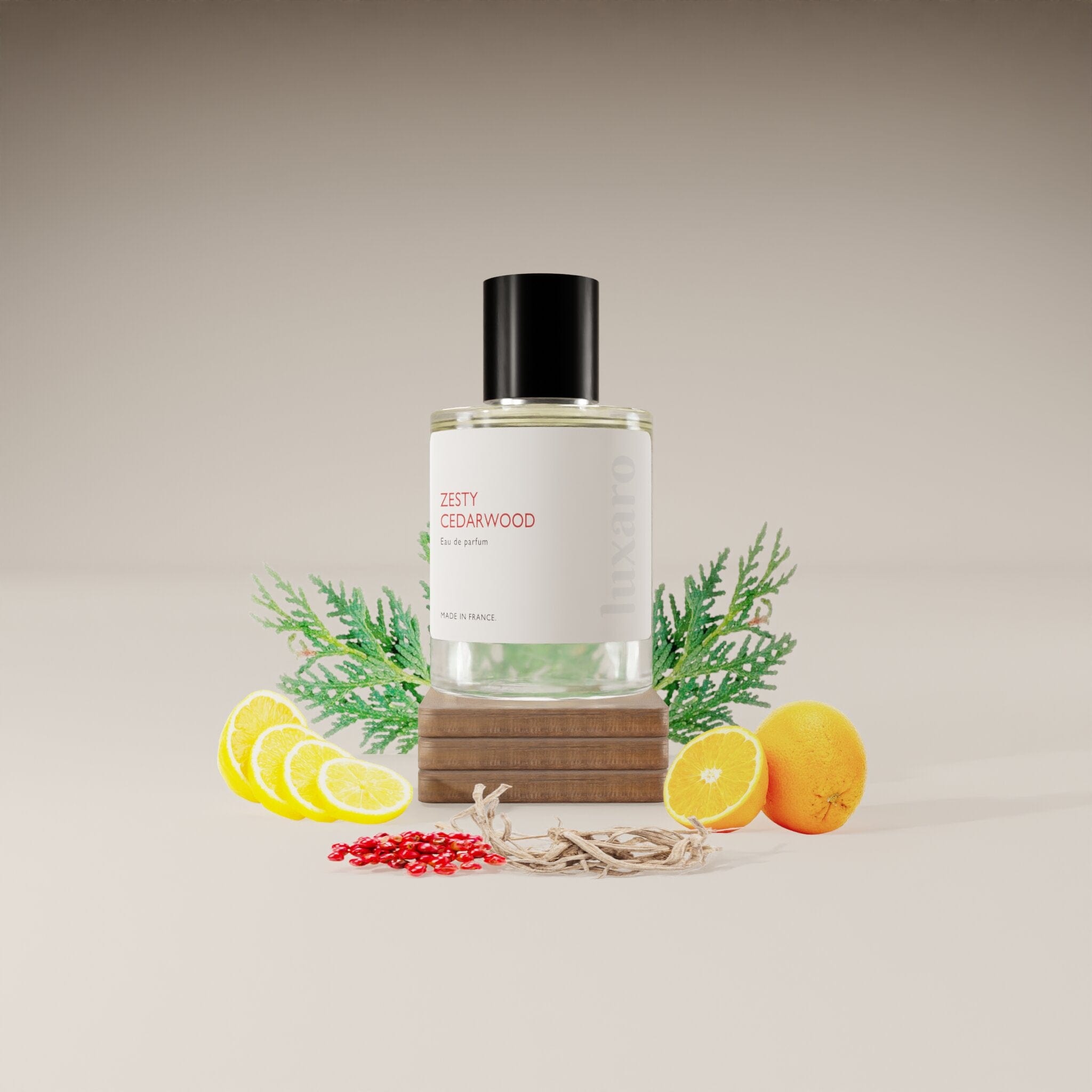 Luxaro Zesty Cedarwood perfume with ingredients: orange, elemi resin, and vetiver, inspired by Hermès's Eau Des Merveilles