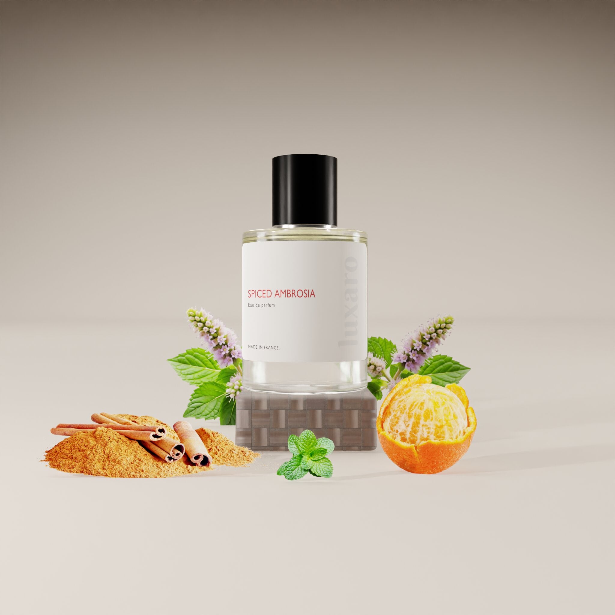 Luxaro Spiced Ambrosia perfume with ingredients: grapefruit, cinnamon, and leather, inspired by Paco Rabanne's One Million