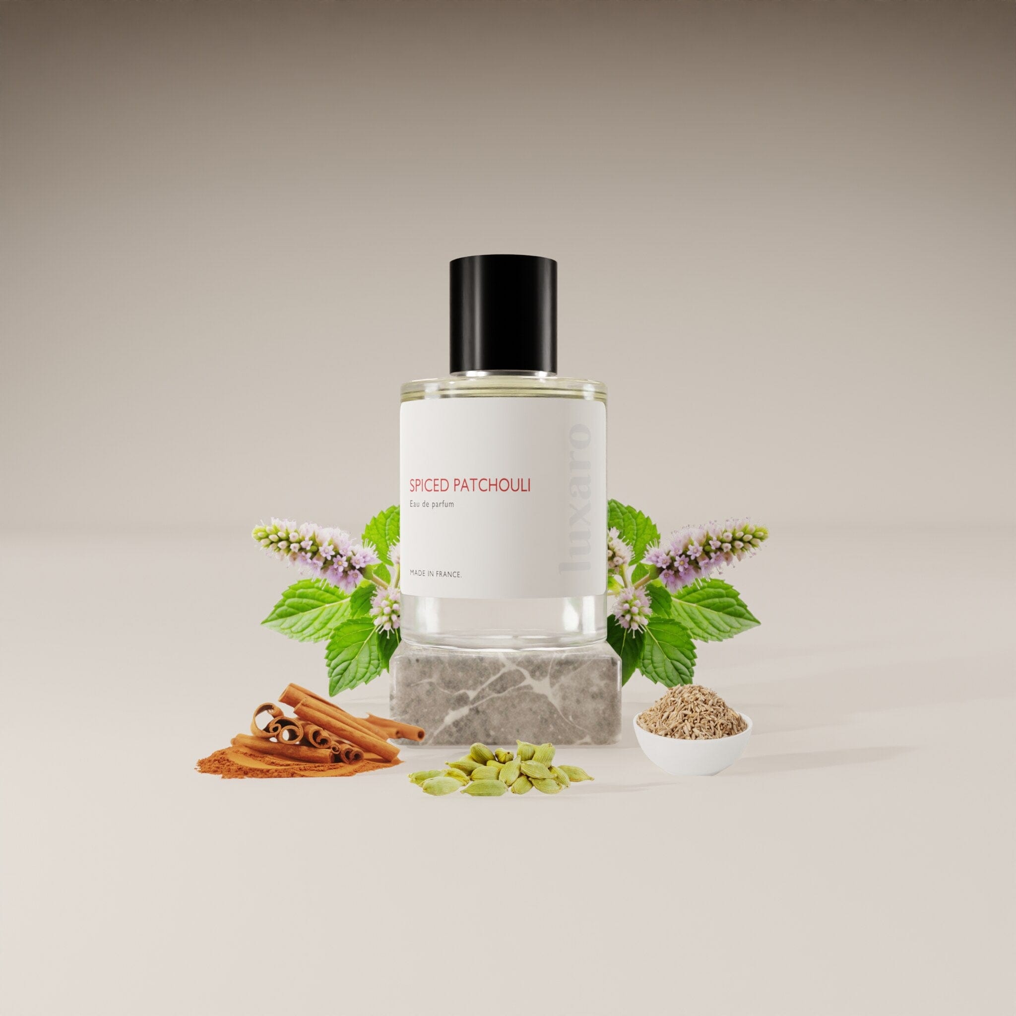 Luxaro Spiced Patchouli perfume with ingredients: plum, cardamom, and agarwood, inspired by Penhaligon's Halfeti Leather