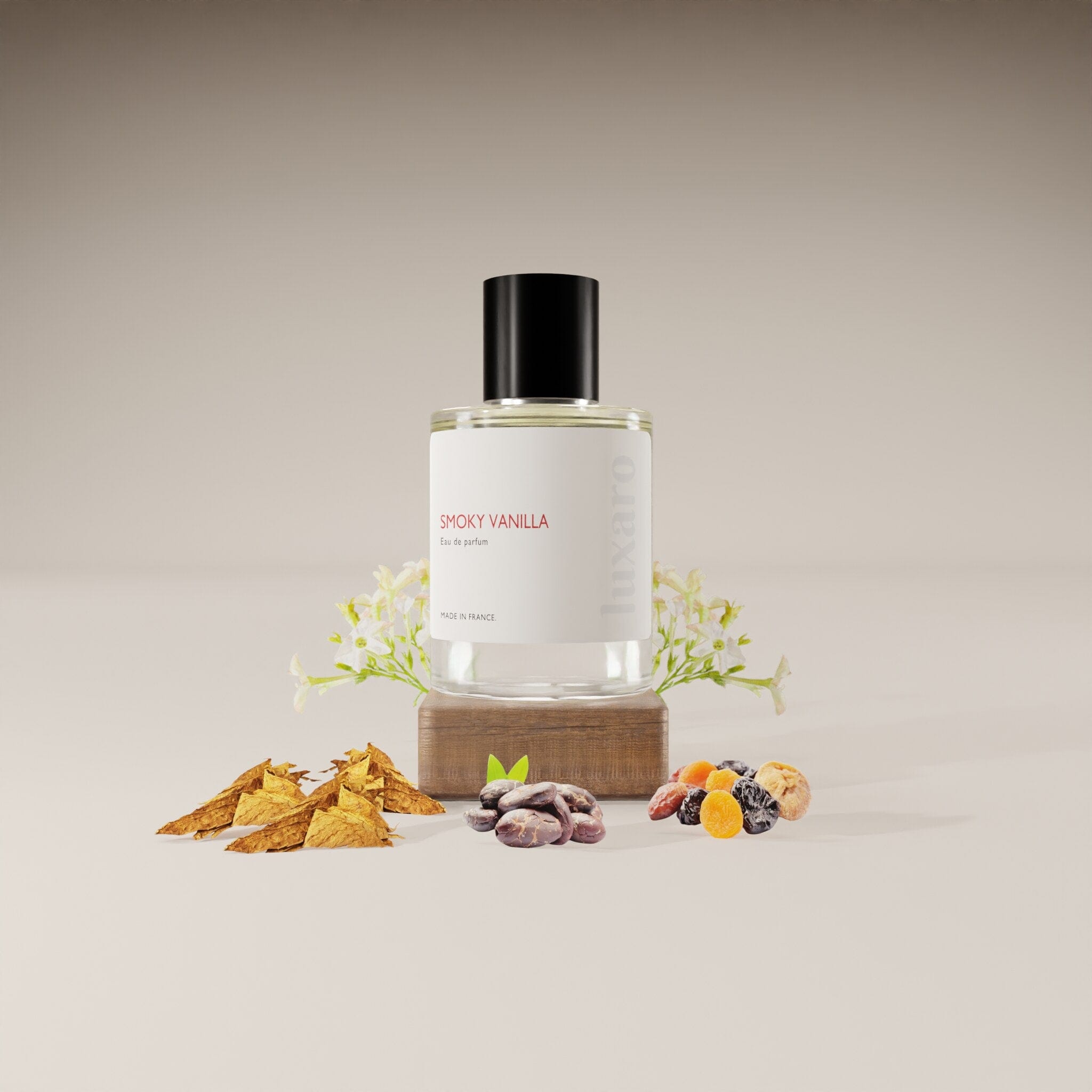 Luxaro Smoky Vanilla perfume with ingredients: tobacco leaf, spicy notes, and tonka bean, inspired by Tom Ford's Tobacco Vanille