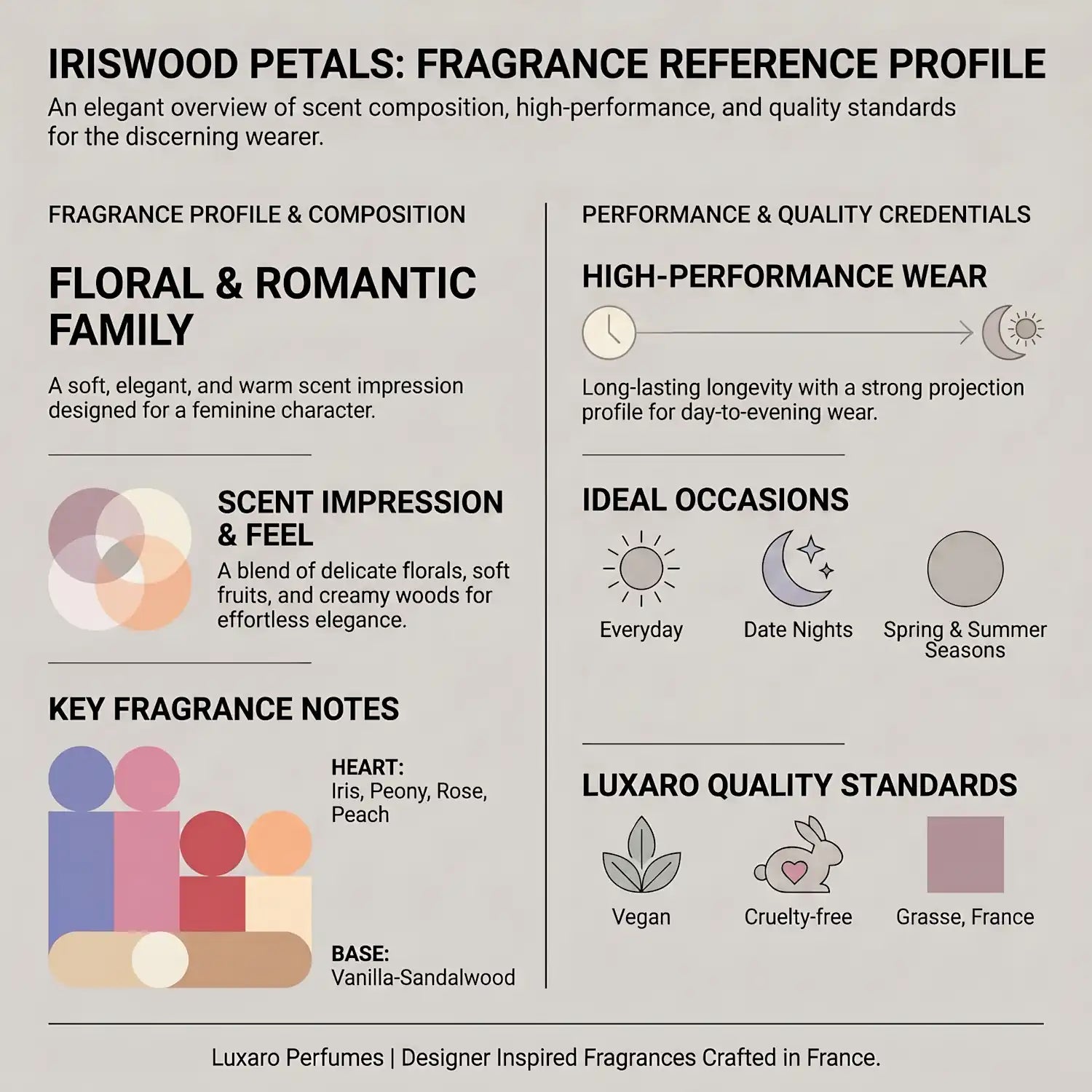 Iriswood Petals is a Miss Dior dupe perfume by Luxaro, made in France fragrance infographic showing scent profile, key notes, performance and fragrance family