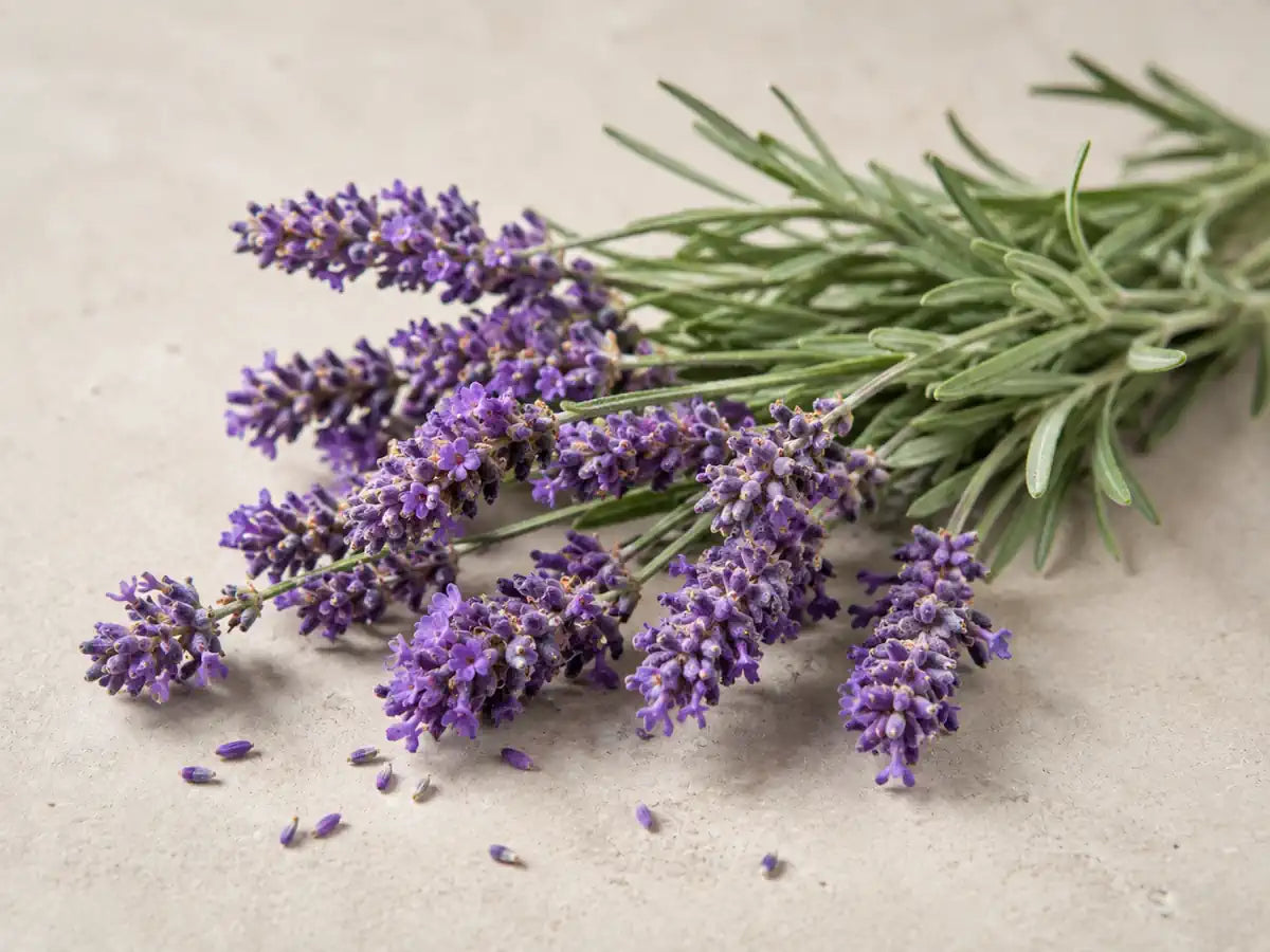Fresh lavender flower spikes and grey-green leaves on a light warm stone background