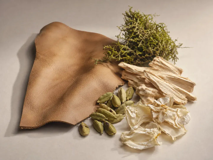 A leather swatch, cardamom, papyrus, orris petals and moss representing a leather accord in perfume