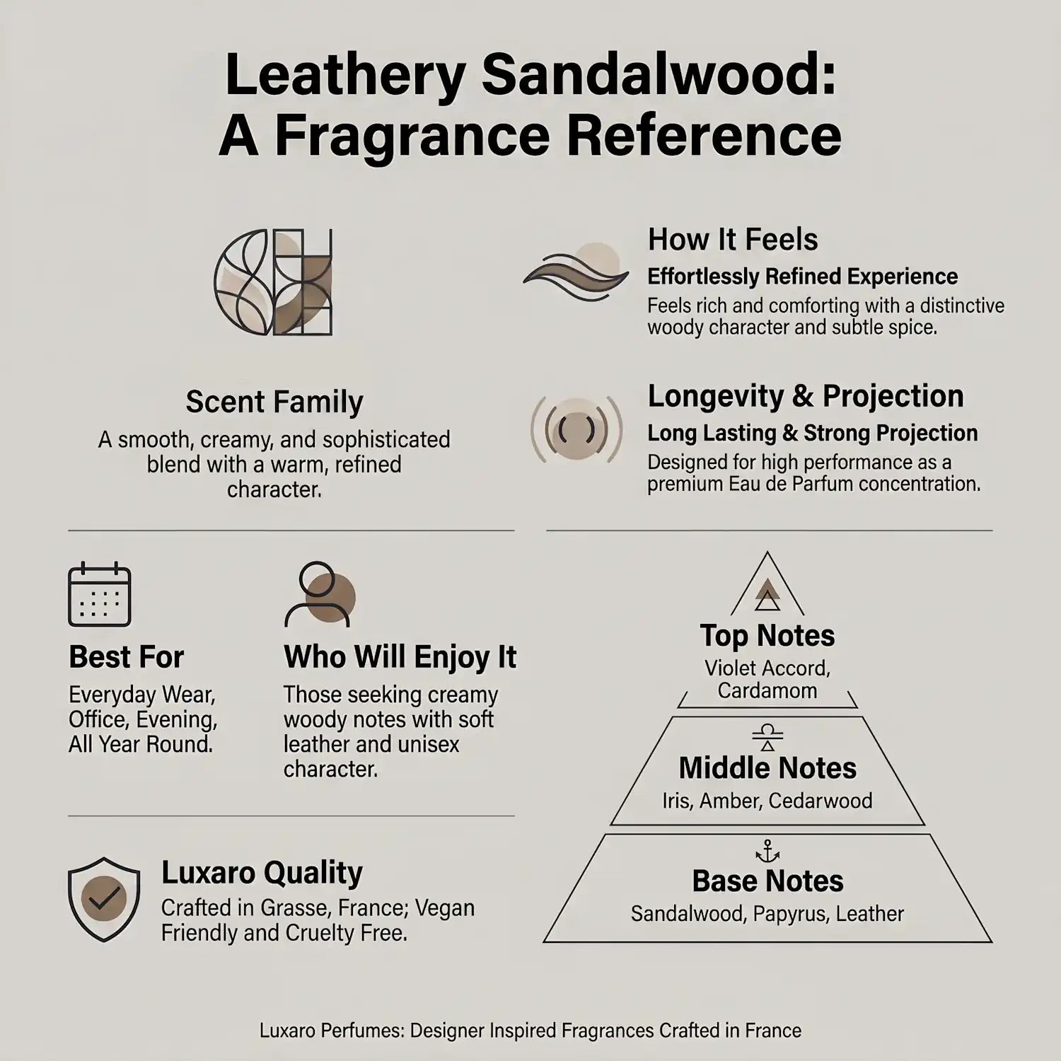 Leathery Sandalwood  Santal 33 dupe perfume by Luxaro, made in France fragrance infographic showing scent profile, key notes, performance and fragrance family