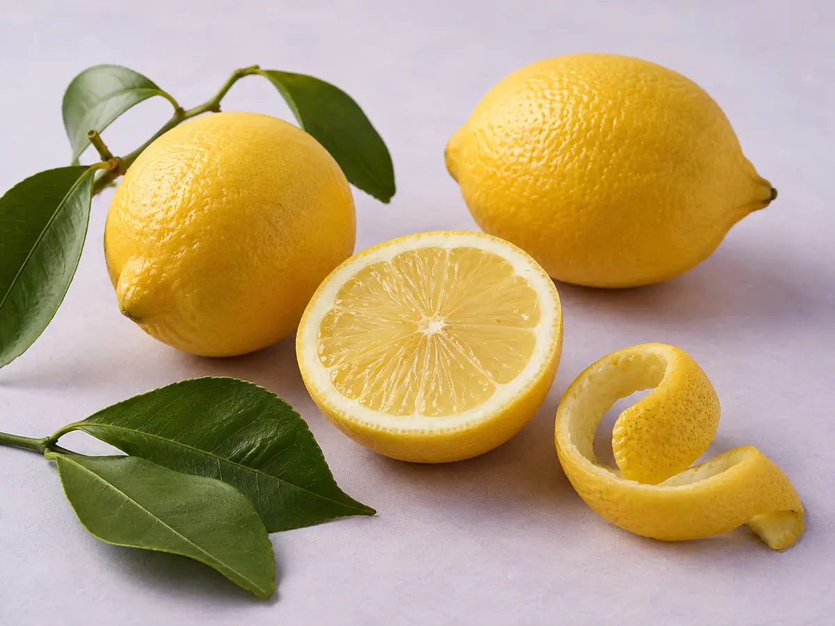 Fresh lemons, curled lemon peel and green leaves on a pale lilac-grey background
