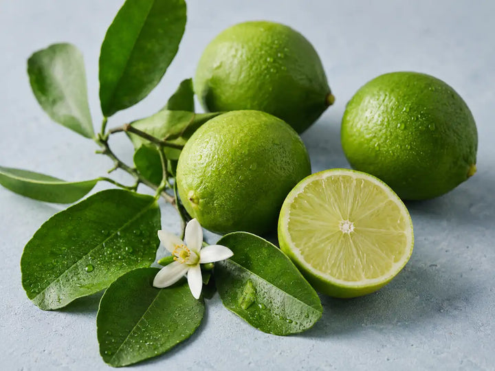 Fresh green limes with glossy leaves and a white citrus flower on a pale blue-grey background