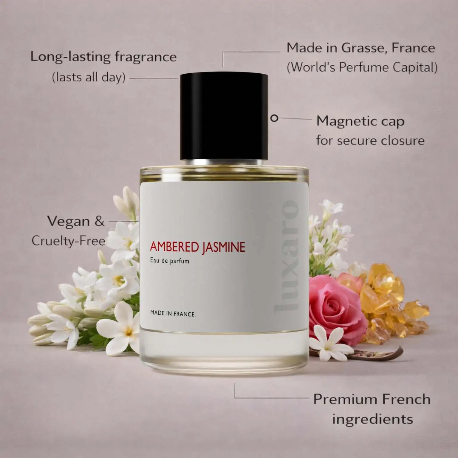 Ambered Jasmine designer inspired perfume by Luxaro, made in France in Grasse, long lasting, vegan and cruelty free