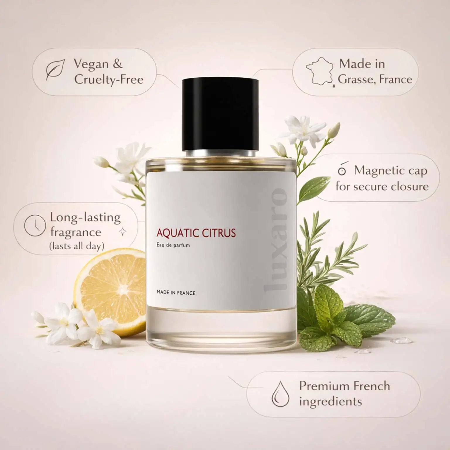 Aquatic Citrus designer inspired perfume by Luxaro, made in France in Grasse, long lasting, vegan and cruelty free