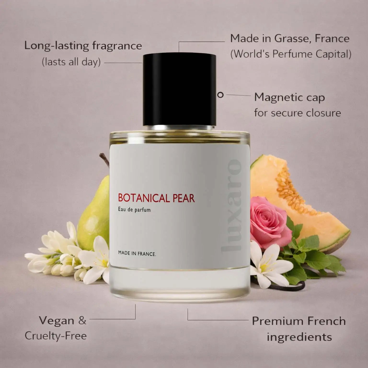 Botanical Pear designer inspired perfume by Luxaro, made in France in Grasse, long lasting, vegan and cruelty free