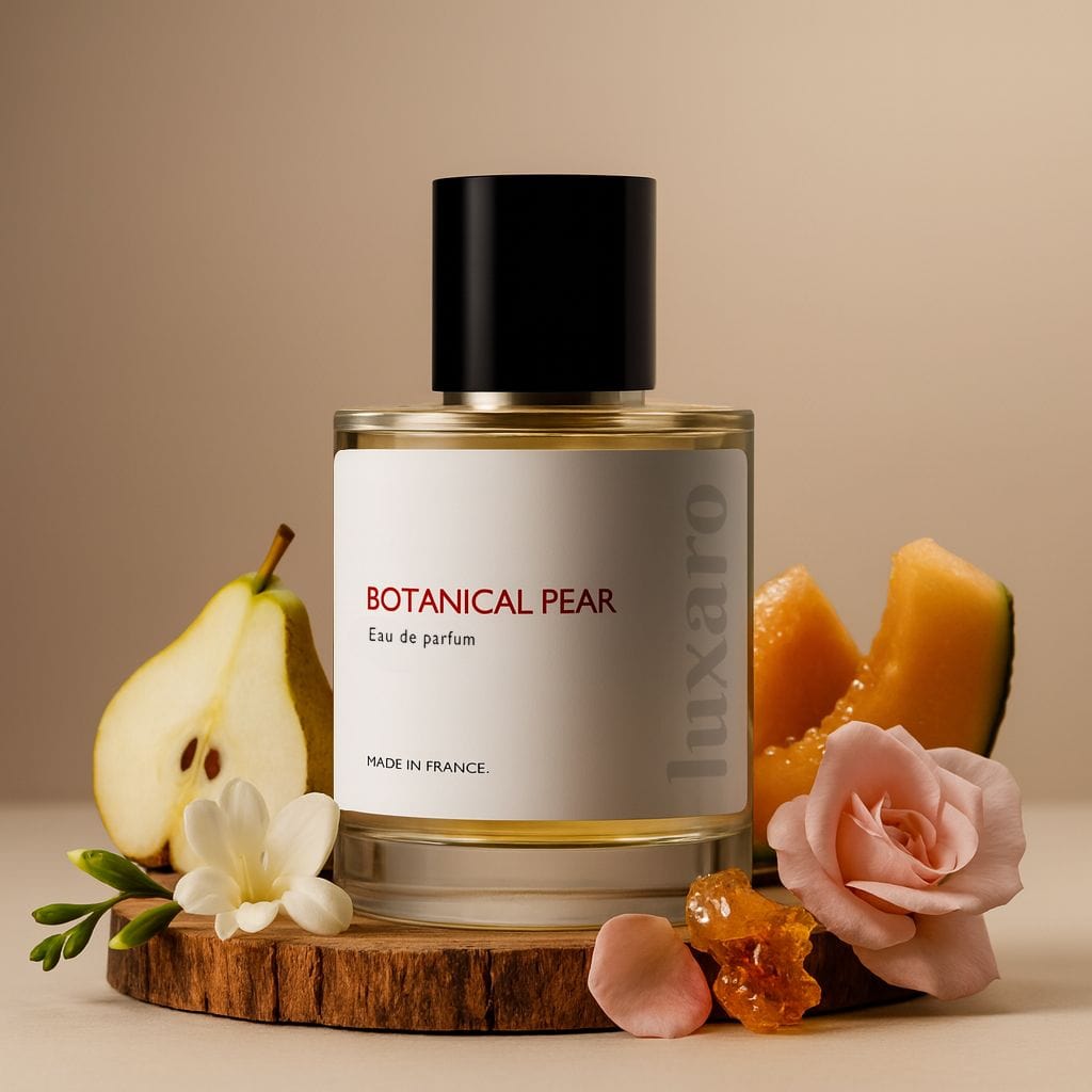 Luxaro Botanical Pear perfume featuring Pear, Melon, Freesia, Rose, amber, inspired by Jo Malone's English Pear & Freesia – affordable alternative Made in France