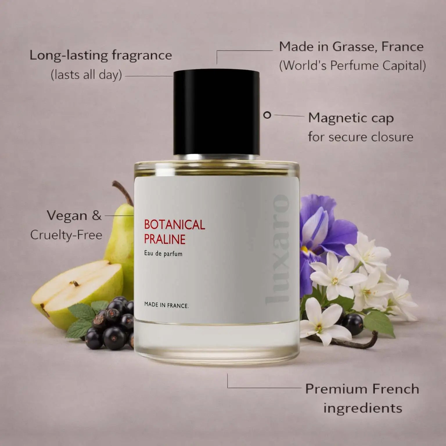 Botanical Praline designer inspired perfume by Luxaro, made in France in Grasse, long lasting, vegan and cruelty free