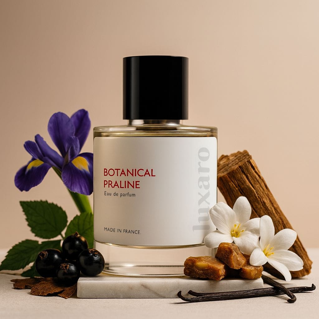 Luxaro Btanical Praline Perfume featuring Pear, Blackcurrant, Iris, Jasmine, Orange Blossom, insired by  La Vie Est Belle dupe - affordable alternative Made in France